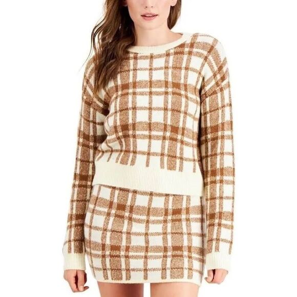 Wynter Ivory Brown Checkered Plaid Crew Neck Sweater - Picture 1 of 7